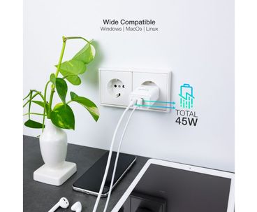 CARGADOR PARED/VIAJE GaN USB-C/PD + USB-A/QC 45W BLANCO TOOQ